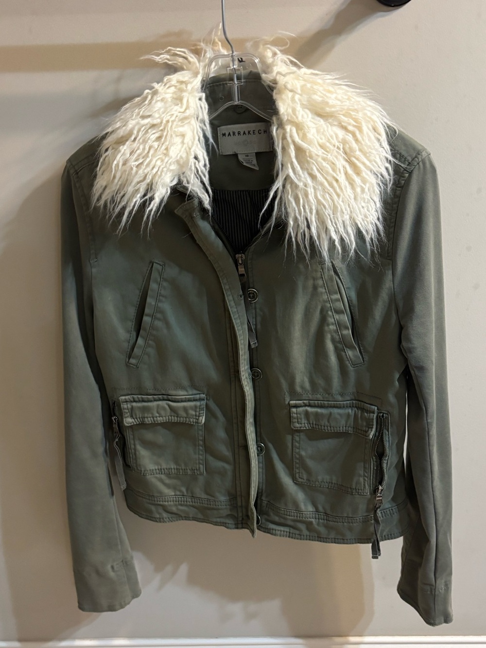 Marrakech Olive Utility Jacket with Removable Cream Faux Fur Collar